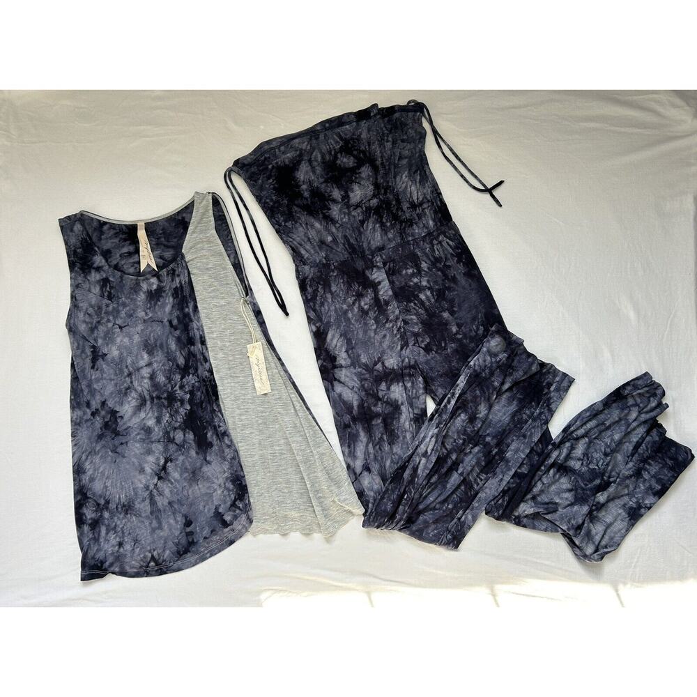 Mystree Navy Print Sleeveless Top Pants 2 Piece Set Rayon Womens M L